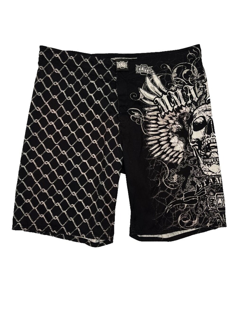 MMA Elite Fighting Shorts Black Skull Wings Cage Design Training Mens XL X-Large